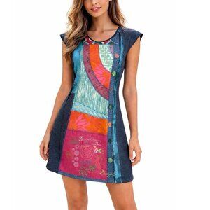 Desigual Dress Size M gray colorful print cap sleeve women's above knee stretch